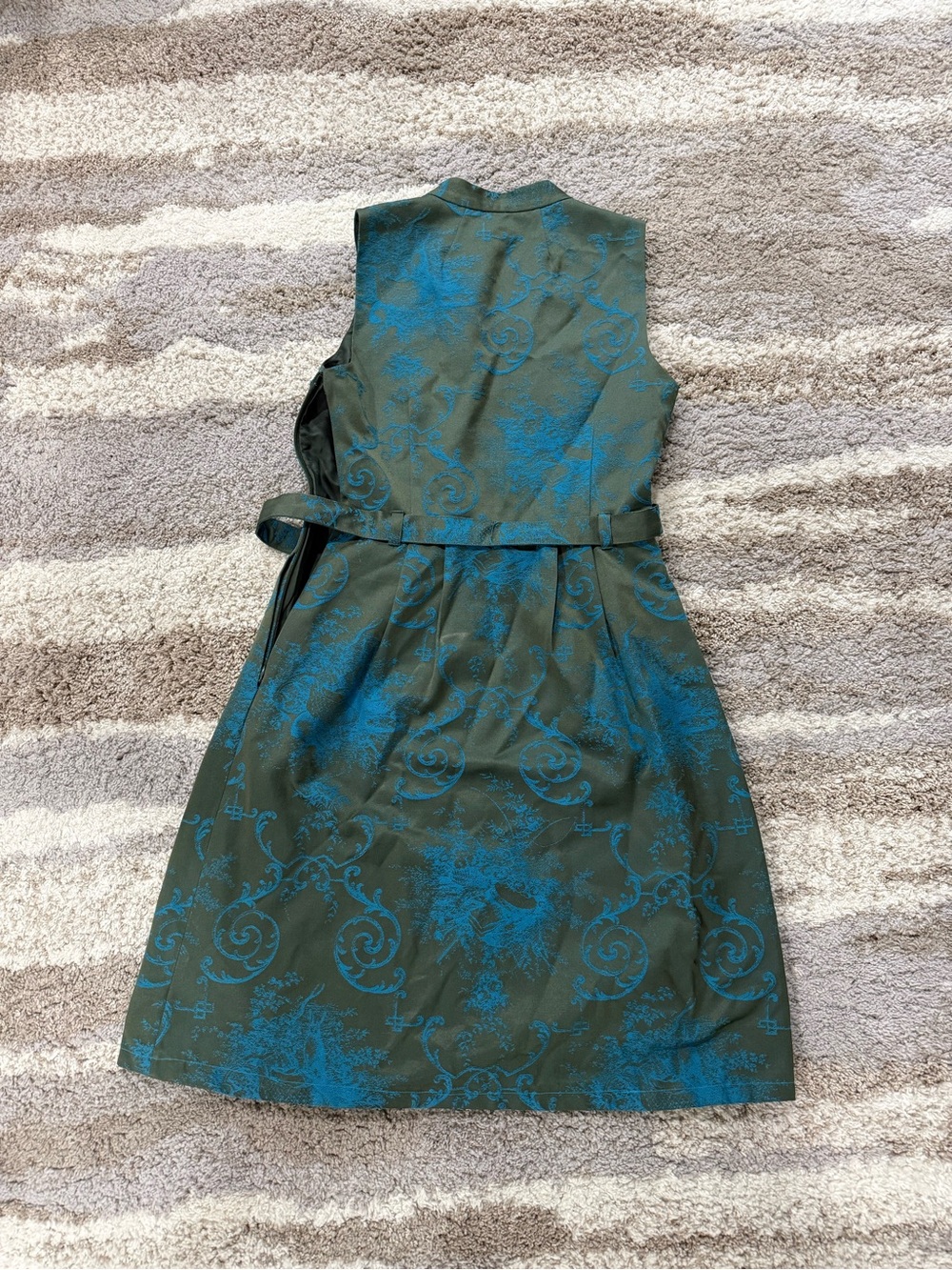 J. Crew Olive Green Dress with Teal Scroll Jacquard - Picture 2 of 3